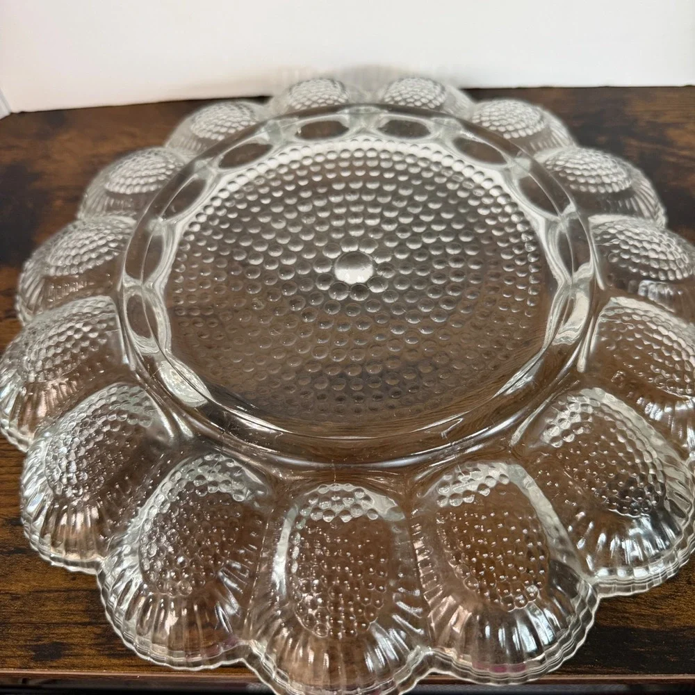 Vintage Clear Glass Deviled Egg Platter Hobnail Scalloped Shell 15 Slot Tray